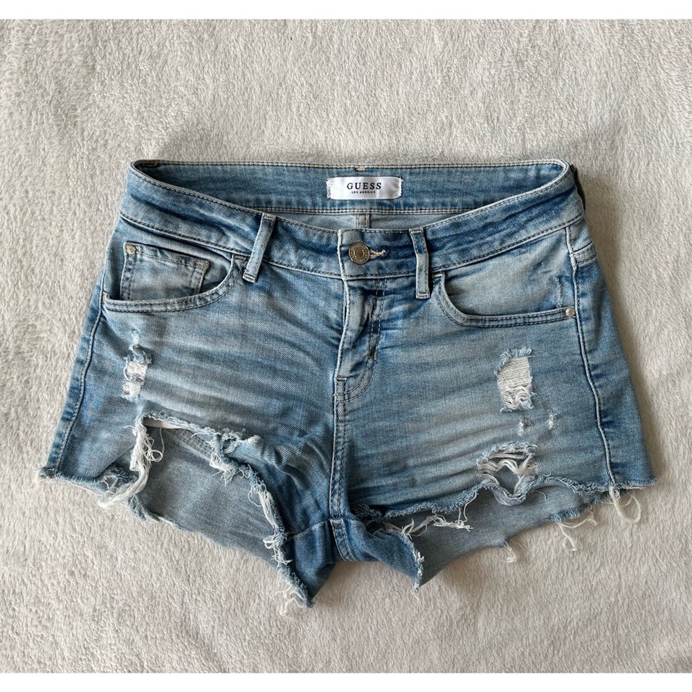 Guess Medium Blue Wash Distressed Denim Shorts
